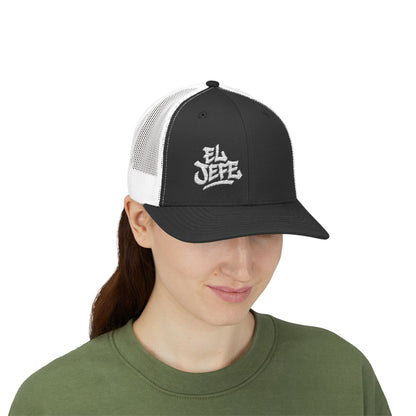 El Jefe Trucker Hat – Embroidered Bold Text Hat for Boss Energy, Leadership Style, and Latin Flair. White Letters