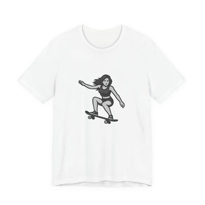 Skater Girl Graphic T-Shirt – Dark Theme Grayscale Skateboarding Design on Black Tee with Bold Motion and Modern Ghost Effect. Unisex Jersey Short Sleeve Tee