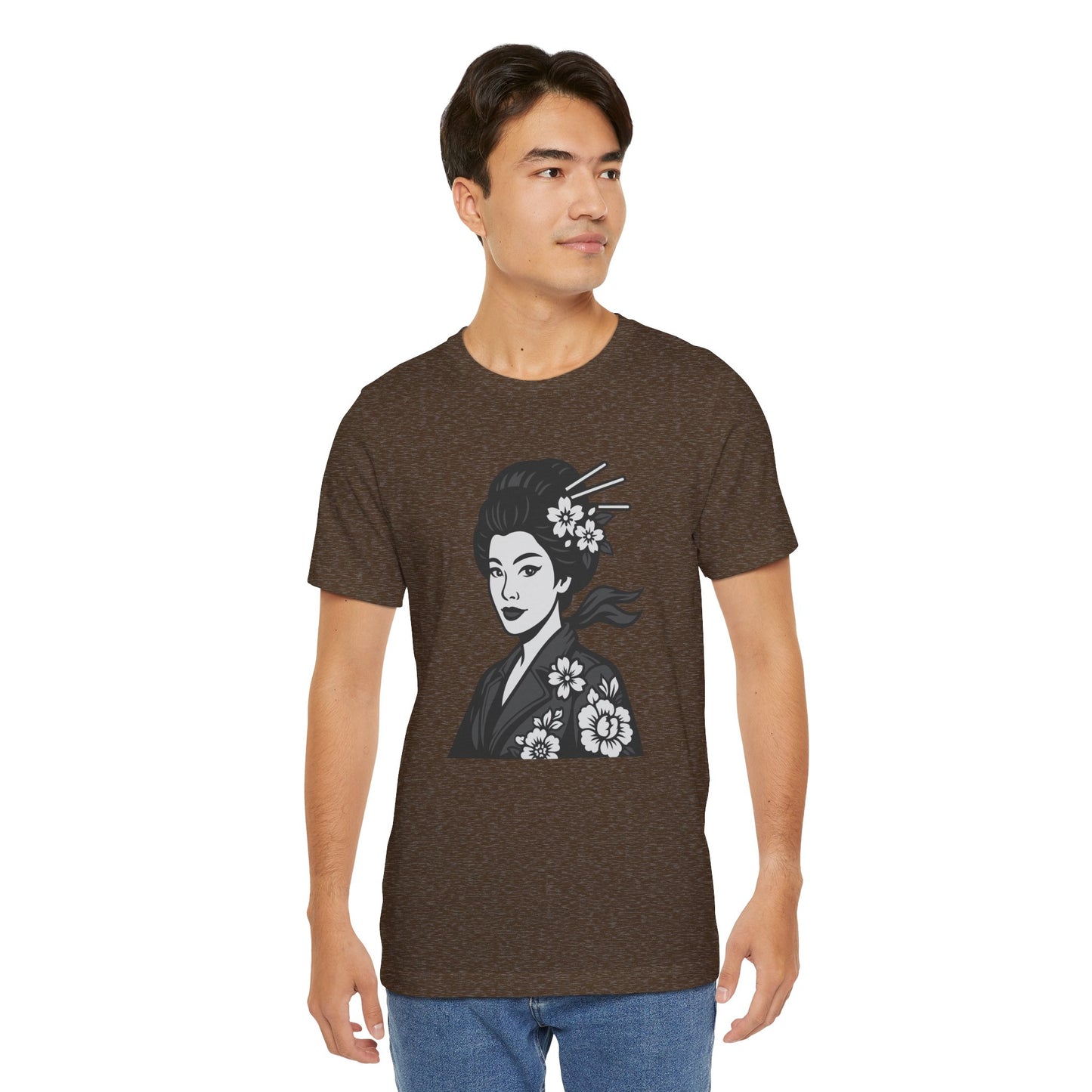 Floral Geisha Graphic Tee Dark Theme – Elegant Vector Portrait with Modern Ghost Effect