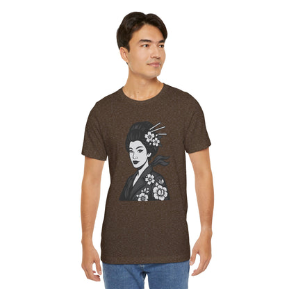 Floral Geisha Graphic Tee Dark Theme – Elegant Vector Portrait with Modern Ghost Effect