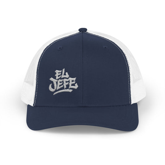 El Jefe Trucker Hat – Embroidered Bold Text Hat for Boss Energy, Leadership Style, and Latin Flair. White Letters