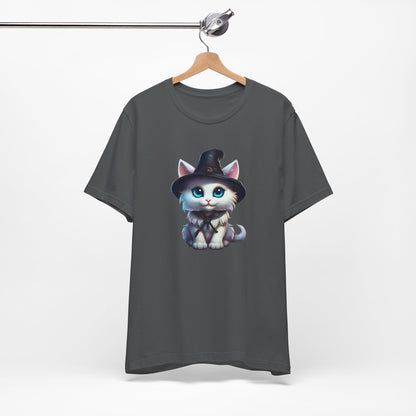 Adorable Witch Cat Halloween Shirt – Cute White Cat in Hat Graphic Tee for Cat Lovers and Halloween Fans