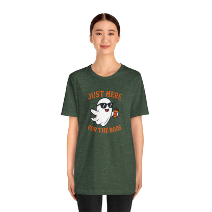 Just Here for the Boos Halloween Shirt – Funny Ghost Drinking Coffee Graphic Tee for Spooky Season
