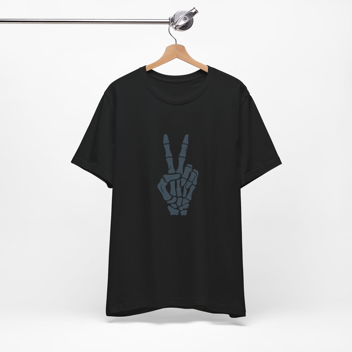 Skeleton Peace Hand Graphic T-Shirt – Gritty Dark Theme Grayscale Bones on Black Tee with Rebellious Calm and Modern Ghost Effect. Unisex Jersey Short Sleeve Tee