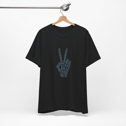 Skeleton Peace Hand Graphic T-Shirt – Gritty Dark Theme Grayscale Bones on Black Tee with Rebellious Calm and Modern Ghost Effect. Unisex Jersey Short Sleeve Tee