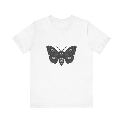 Moth Graphic T-Shirt – Dark Theme Grayscale Winged Insect Design on Black Tee with Gothic Mood and Subtle Modern Ghost Effect. Unisex Jersey Short Sleeve Tee
