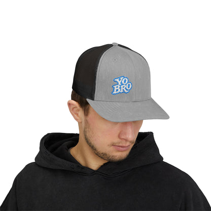 Yo Bro Trucker Hat – Embroidered Blue & White Hat for Laid-Back Vibes