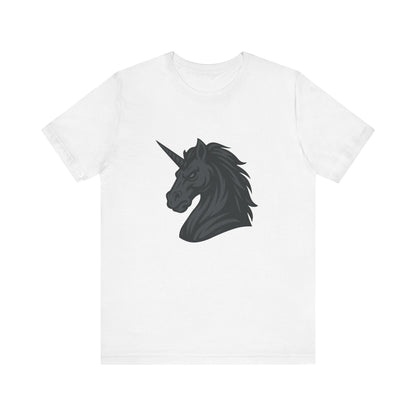 Dark Unicorn Profile T-Shirt – Dark Theme Grayscale Fierce Mythical Horse Design on Black Tee with Gothic Magic and Modern Ghost Effect. Unisex Jersey Short Sleeve Tee