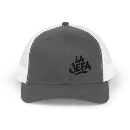 La Jefa Trucker Hat – Embroidered Latina Boss Hat for Bold Women. Black Letters