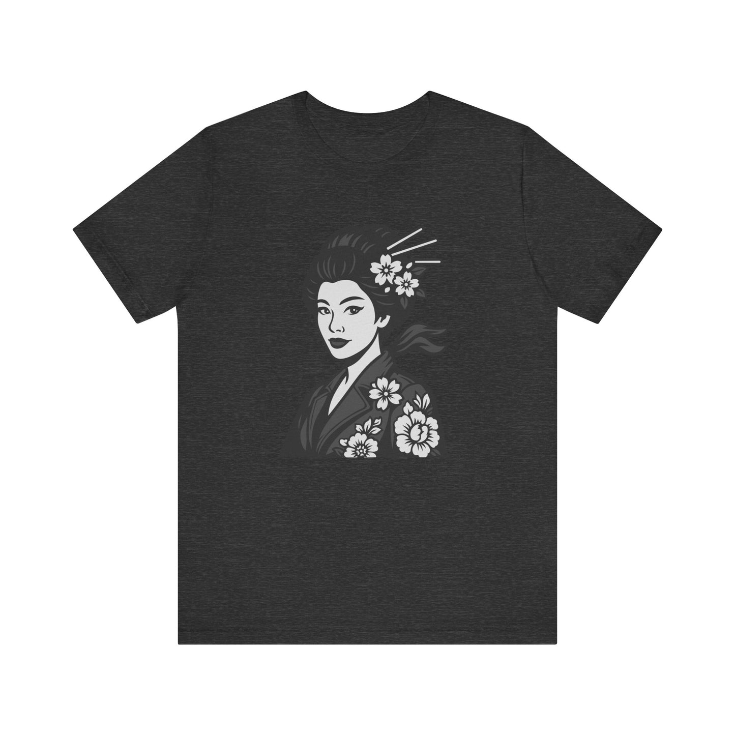 Floral Geisha Graphic Tee Dark Theme – Elegant Vector Portrait with Modern Ghost Effect