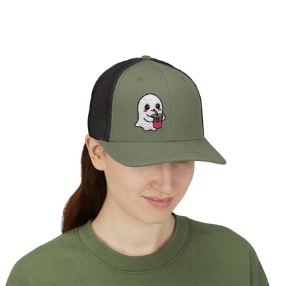 Cute Ghost Trucker Hat – Embroidered Kawaii Ghost Drinking Hat for Halloween Vibes and Everyday Boo Energy