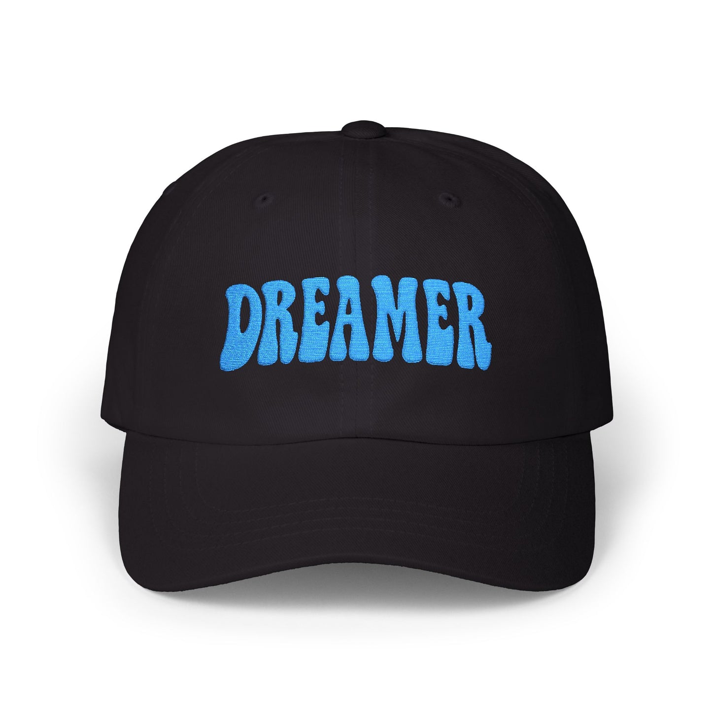 Dreamer Classic Dad Hat – Embroidered Minimalist Script Hat for Visionaries, Creatives, and Chill Daydreamers. Blue Letters