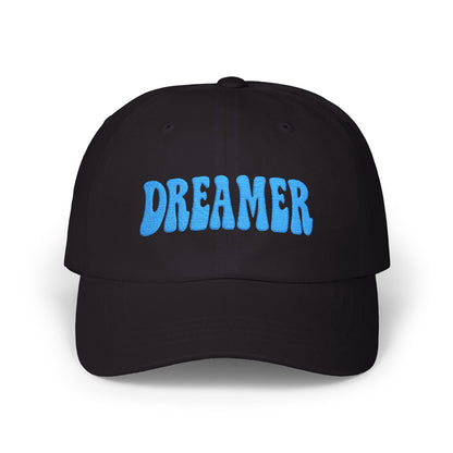 Dreamer Classic Dad Hat – Embroidered Minimalist Script Hat for Visionaries, Creatives, and Chill Daydreamers. Blue Letters