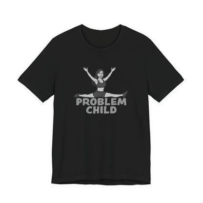 Problem Child Graphic Tee Cheerful Rebel Jump Pose in Bold Dark Theme Monochrome Style. Unisex Jersey Short Sleeve Tee