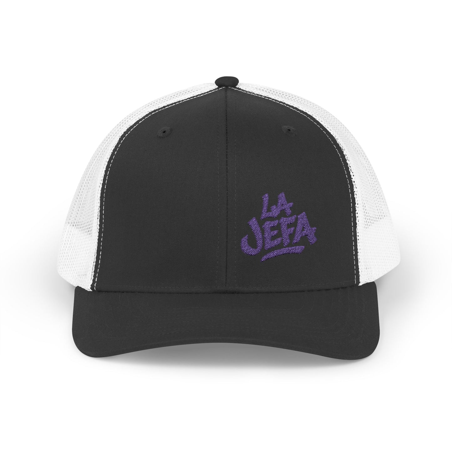 La Jefa Trucker Hat – Embroidered Latina Boss Hat for Bold Women. Purple Letters
