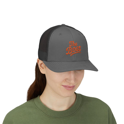 The Boss Trucker Hat – Embroidered Statement Hat for Power Moves Only. Orange Letters