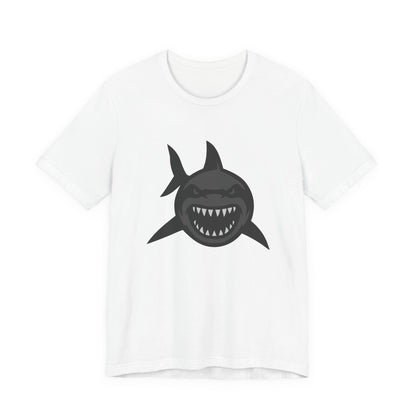Ferocious Shark Face Graphic Tee with a Bold Bite – Dark Theme Ocean Predator Shirt in Black and Grey. Unisex Jersey Short Sleeve Tee