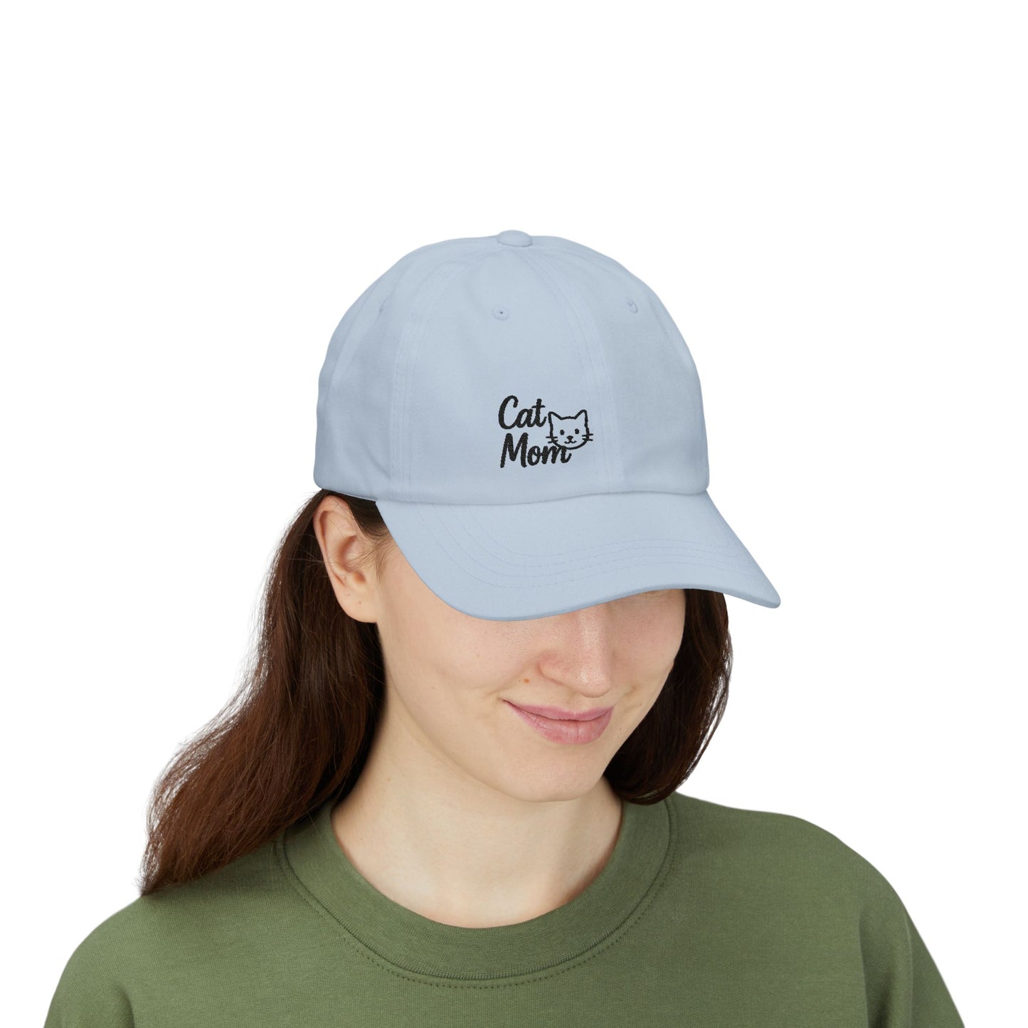 Cat Mom Classic Dad Hat – Embroidered Minimalist Cat Face Hat for Feline-Loving Women with Style. Black Letters