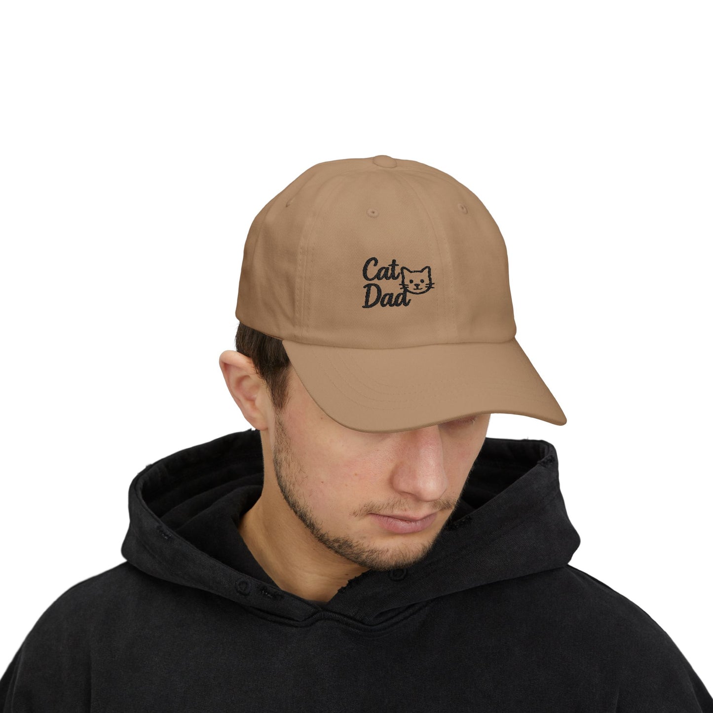 Cat Dad Classic Dad Hat – Embroidered Minimalist Cat Face Hat for Proud Pet Dads and Feline Fans. Black letters