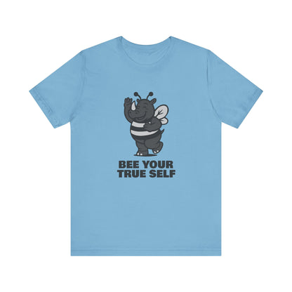 Bee Your True Self T-Shirt – Dark Theme Grayscale Rhino in Bee Costume on Black Tee with Wholesome Humor and Self-Expression Message. Unisex Jersey Short Sleeve Tee
