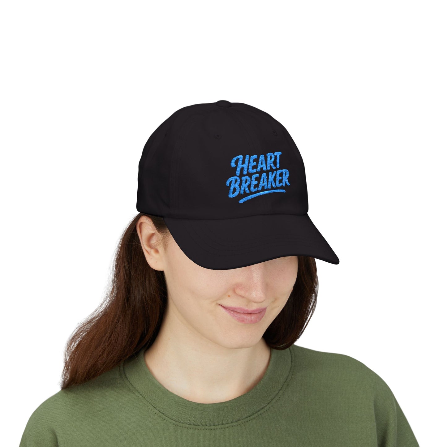 Heartbreaker Embroidered Classic Dad Hat – Bold Baseball Hat with Retro Script and Broken Heart Design for Confident Rule-Breakers. Blue Letters