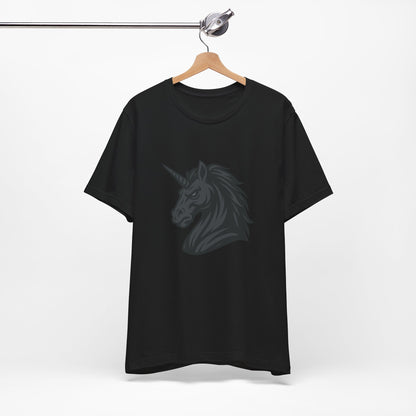 Dark Unicorn Profile T-Shirt – Dark Theme Grayscale Fierce Mythical Horse Design on Black Tee with Gothic Magic and Modern Ghost Effect. Unisex Jersey Short Sleeve Tee