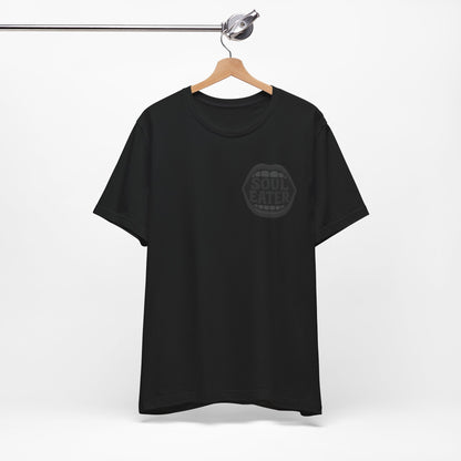 Soul Eater Mouth Graphic T-Shirt – Dark Theme Grayscale Teeth Typography on Black Tee with Horror Vibes and Modern Ghost Effect. Unisex Jersey Short Sleeve Tee