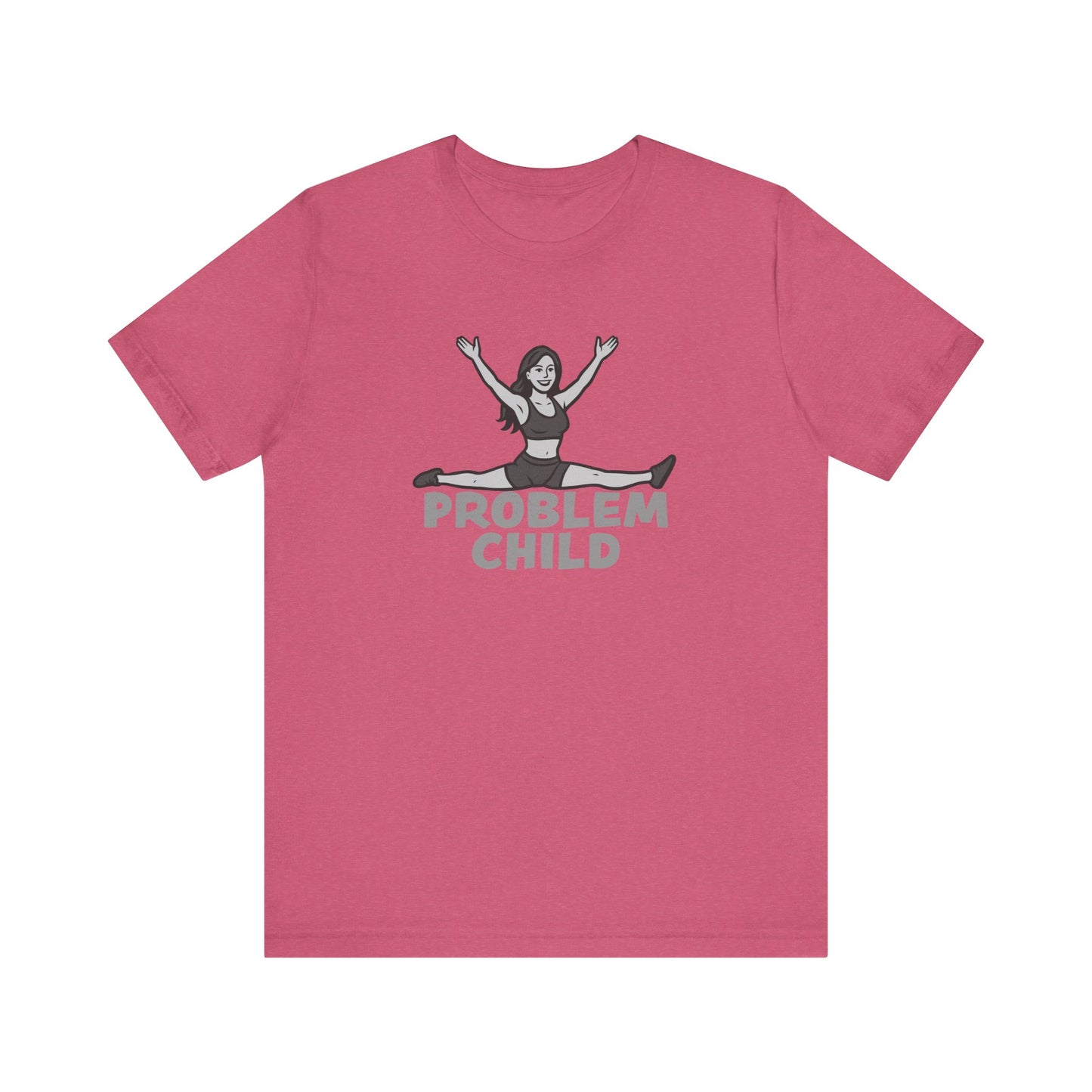 Problem Child Graphic Tee Cheerful Rebel Jump Pose in Bold Dark Theme Monochrome Style. Unisex Jersey Short Sleeve Tee