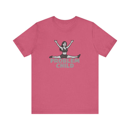 Problem Child Graphic Tee Cheerful Rebel Jump Pose in Bold Dark Theme Monochrome Style. Unisex Jersey Short Sleeve Tee