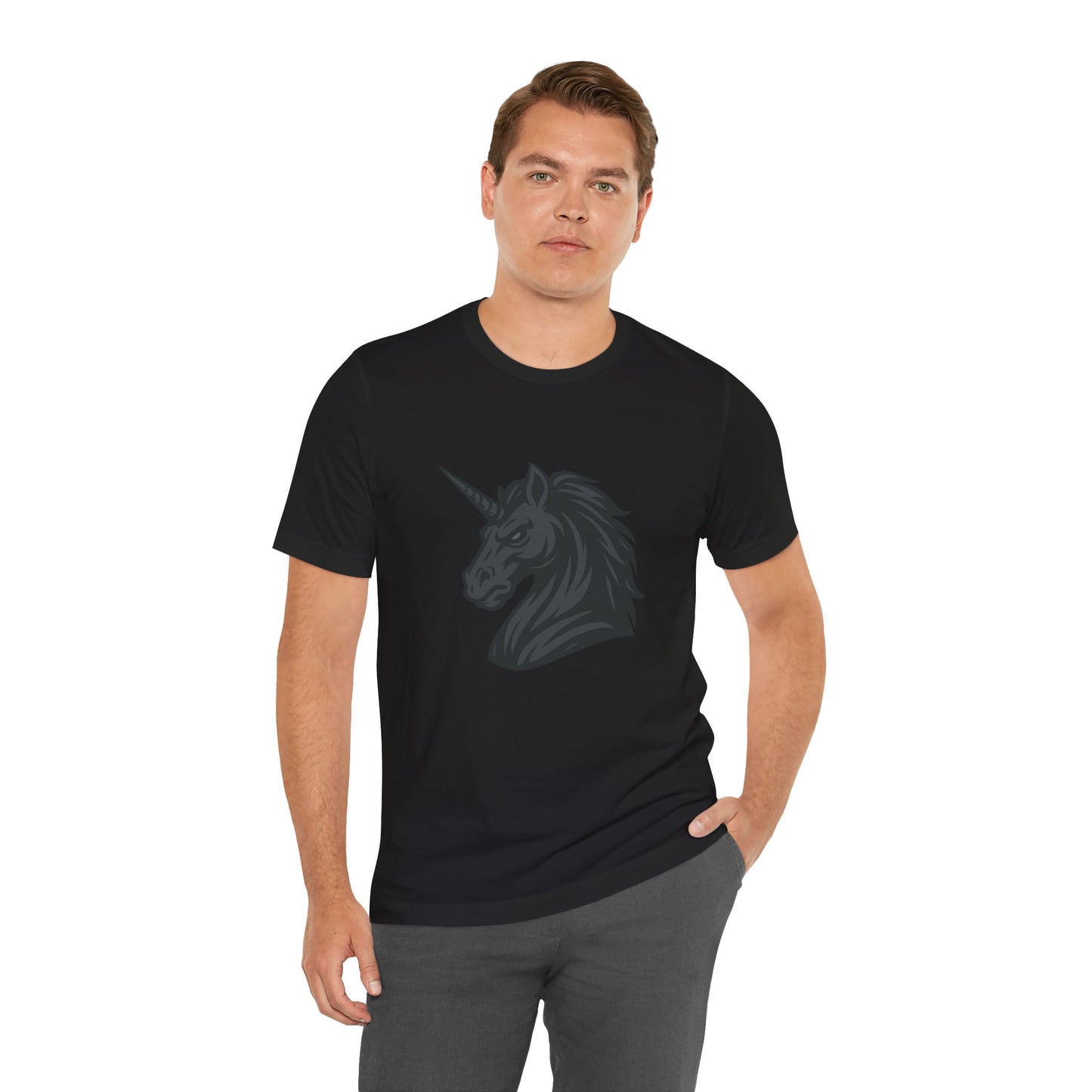 Dark Unicorn Profile T-Shirt – Dark Theme Grayscale Fierce Mythical Horse Design on Black Tee with Gothic Magic and Modern Ghost Effect. Unisex Jersey Short Sleeve Tee