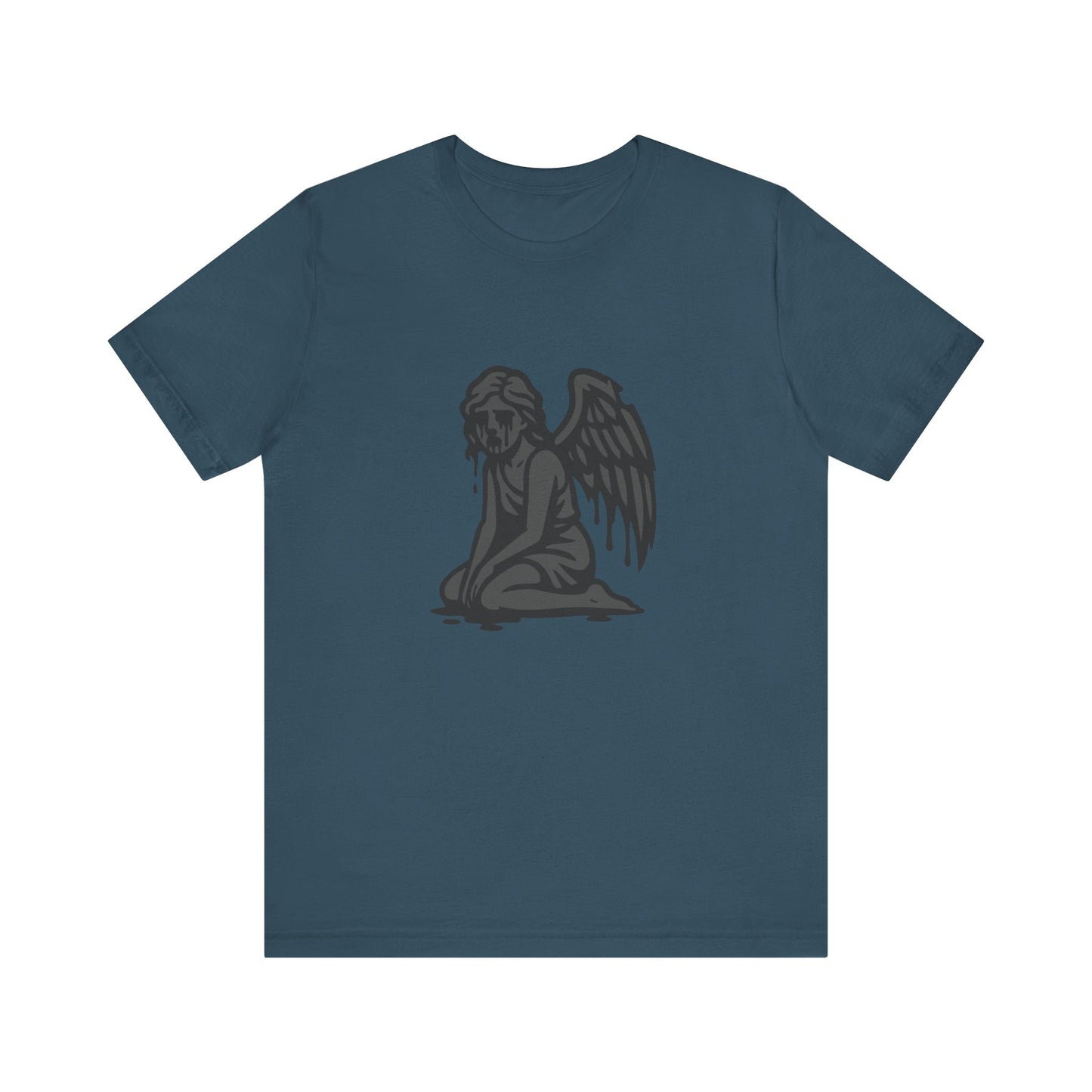 Fallen Angel Dark Theme Graphic T-Shirt – Dark Grayscale Crying Angel Design on Black Tee with Gothic Mood and Modern Ghost Effect. Unisex Jersey Short Sleeve Tee