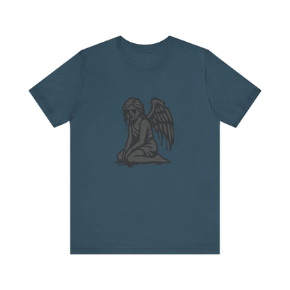 Fallen Angel Dark Theme Graphic T-Shirt – Dark Grayscale Crying Angel Design on Black Tee with Gothic Mood and Modern Ghost Effect. Unisex Jersey Short Sleeve Tee