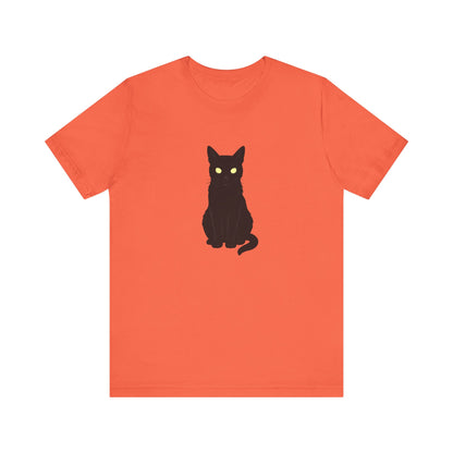 Glowing-Eyed Black Cat Shirt – Dark Theme Feline Stare for Maximum Spook and Minimal Effort. Unisex Jersey Short Sleeve Tee
