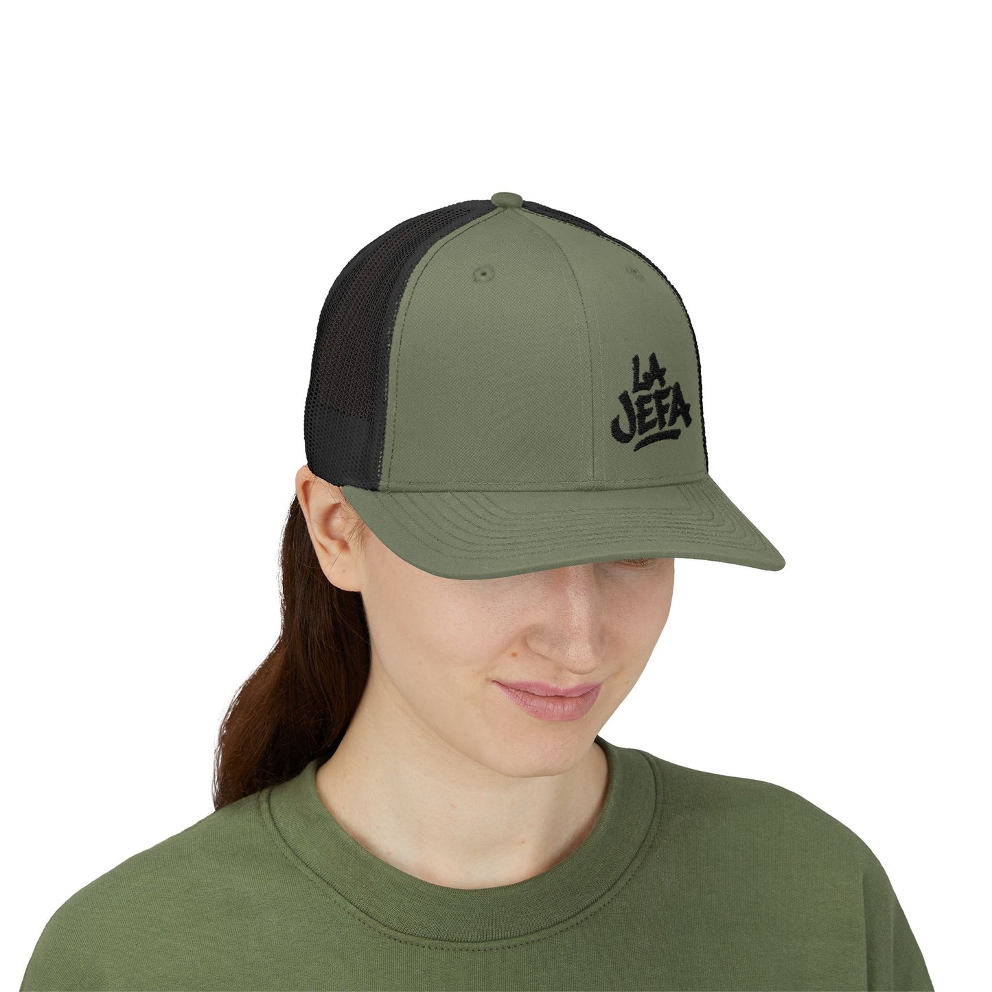 La Jefa Trucker Hat – Embroidered Latina Boss Hat for Bold Women. Black Letters