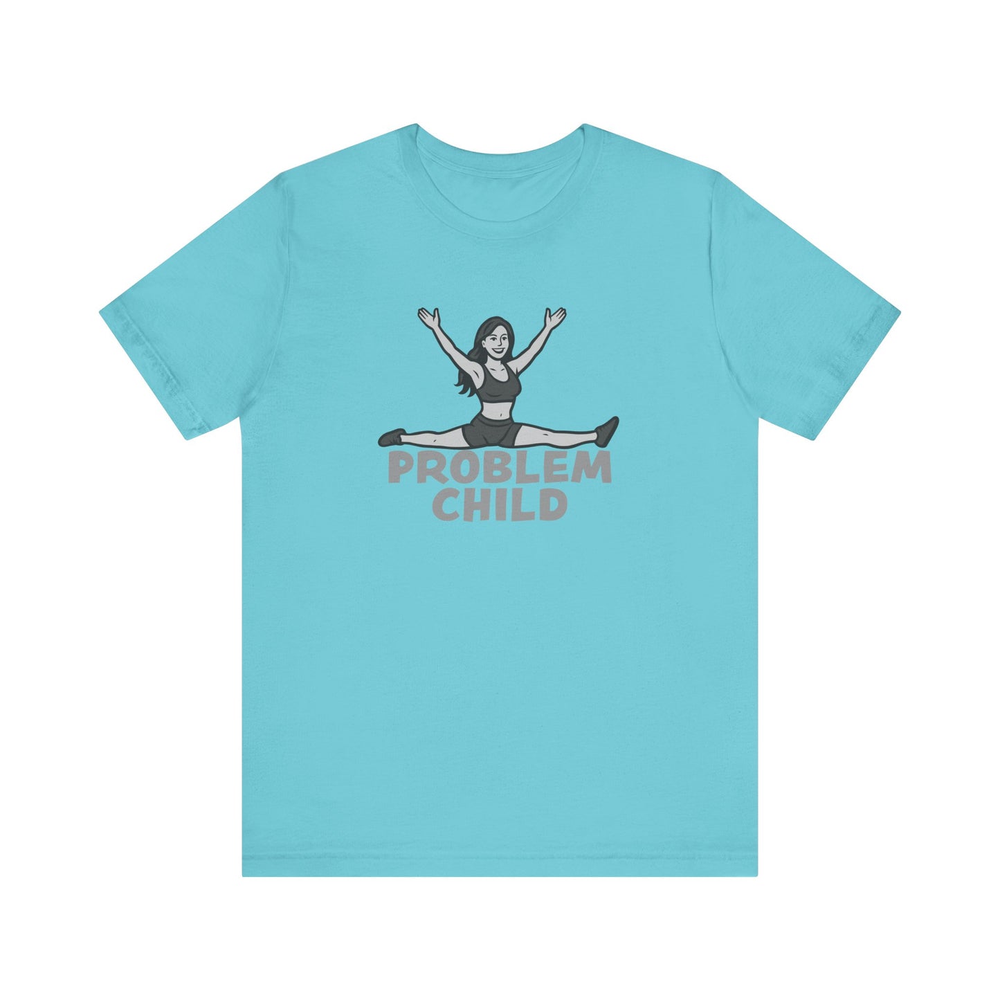 Problem Child Graphic Tee Cheerful Rebel Jump Pose in Bold Dark Theme Monochrome Style. Unisex Jersey Short Sleeve Tee
