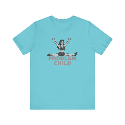 Problem Child Graphic Tee Cheerful Rebel Jump Pose in Bold Dark Theme Monochrome Style. Unisex Jersey Short Sleeve Tee