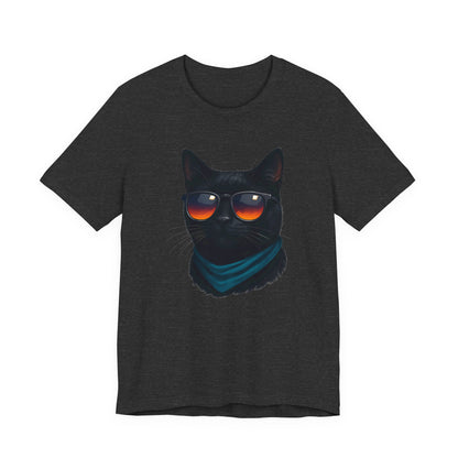 Cool Black Cat with Shades Graphic Tee Dark Theme – Retro Sunset Sunglasses Vector Design