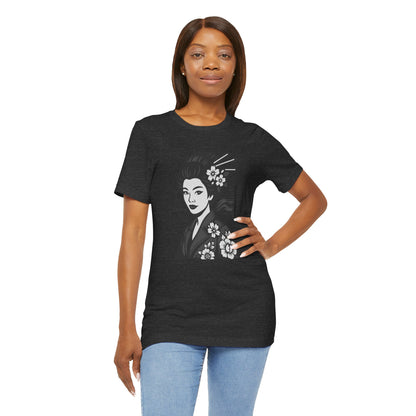Floral Geisha Graphic Tee Dark Theme – Elegant Vector Portrait with Modern Ghost Effect