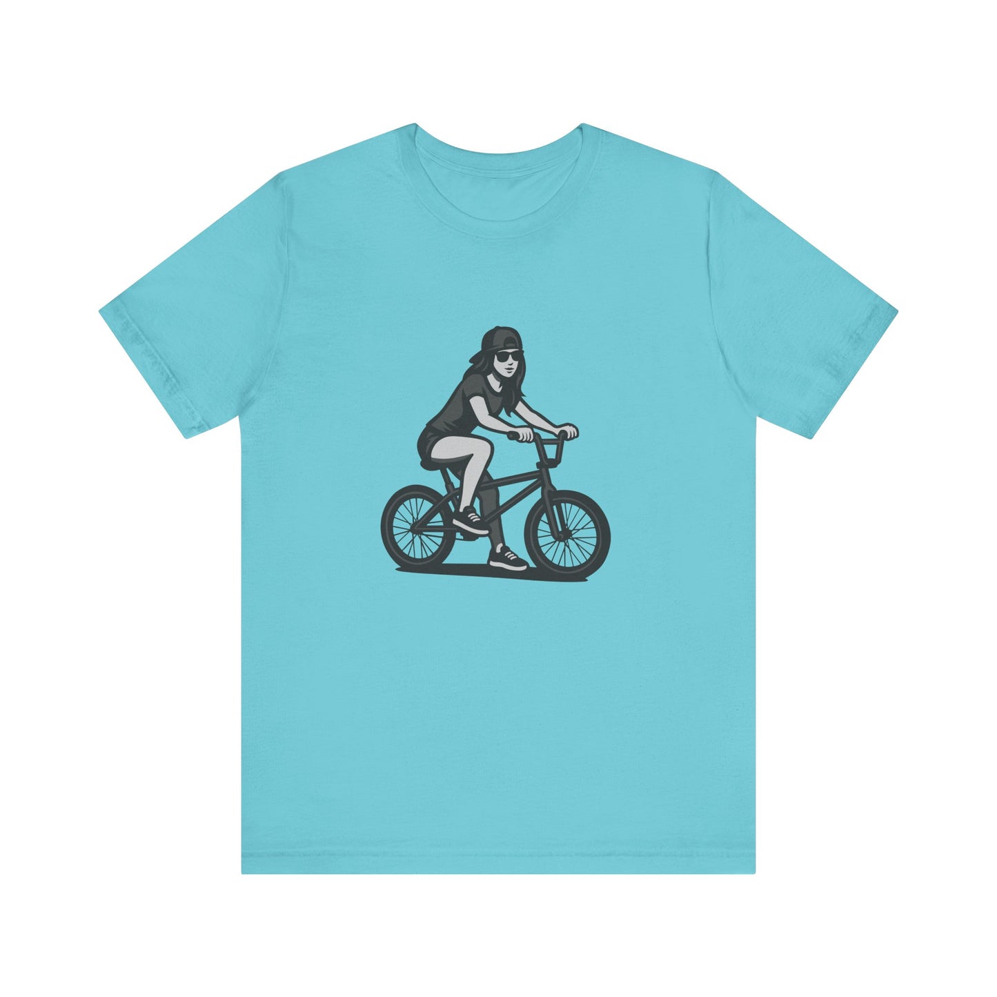 Cool Girl on Bike Graphic T-Shirt – Laid-Back Dark Theme Grayscale Rider Design on Black Tee with Street Style and Subtle Modern Ghost Effect. Unisex Jersey Short Sleeve Tee