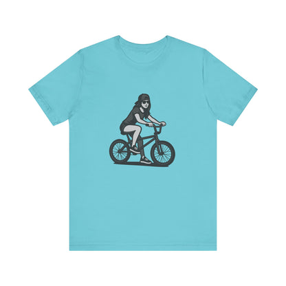 Cool Girl on Bike Graphic T-Shirt – Laid-Back Dark Theme Grayscale Rider Design on Black Tee with Street Style and Subtle Modern Ghost Effect. Unisex Jersey Short Sleeve Tee