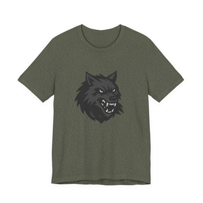 Dark Theme Wolf Head Shirt – Fierce Growling Wolf Face Graphic in Black and Grey for Bold, Edgy Style. Unisex Jersey Short Sleeve Tee