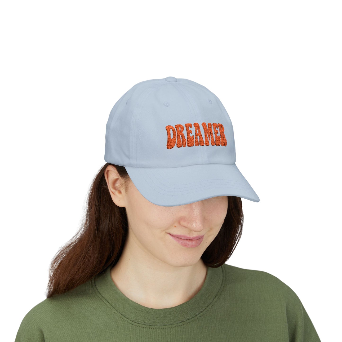 Dreamer Classic Dad Hat – Embroidered Minimalist Script Hat for Visionaries, Creatives, and Chill Daydreamers. Orange Letters