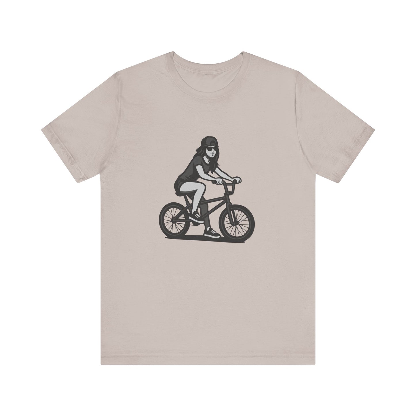 Cool Girl on Bike Graphic T-Shirt – Laid-Back Dark Theme Grayscale Rider Design on Black Tee with Street Style and Subtle Modern Ghost Effect. Unisex Jersey Short Sleeve Tee