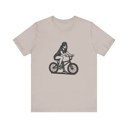 Cool Girl on Bike Graphic T-Shirt – Laid-Back Dark Theme Grayscale Rider Design on Black Tee with Street Style and Subtle Modern Ghost Effect. Unisex Jersey Short Sleeve Tee