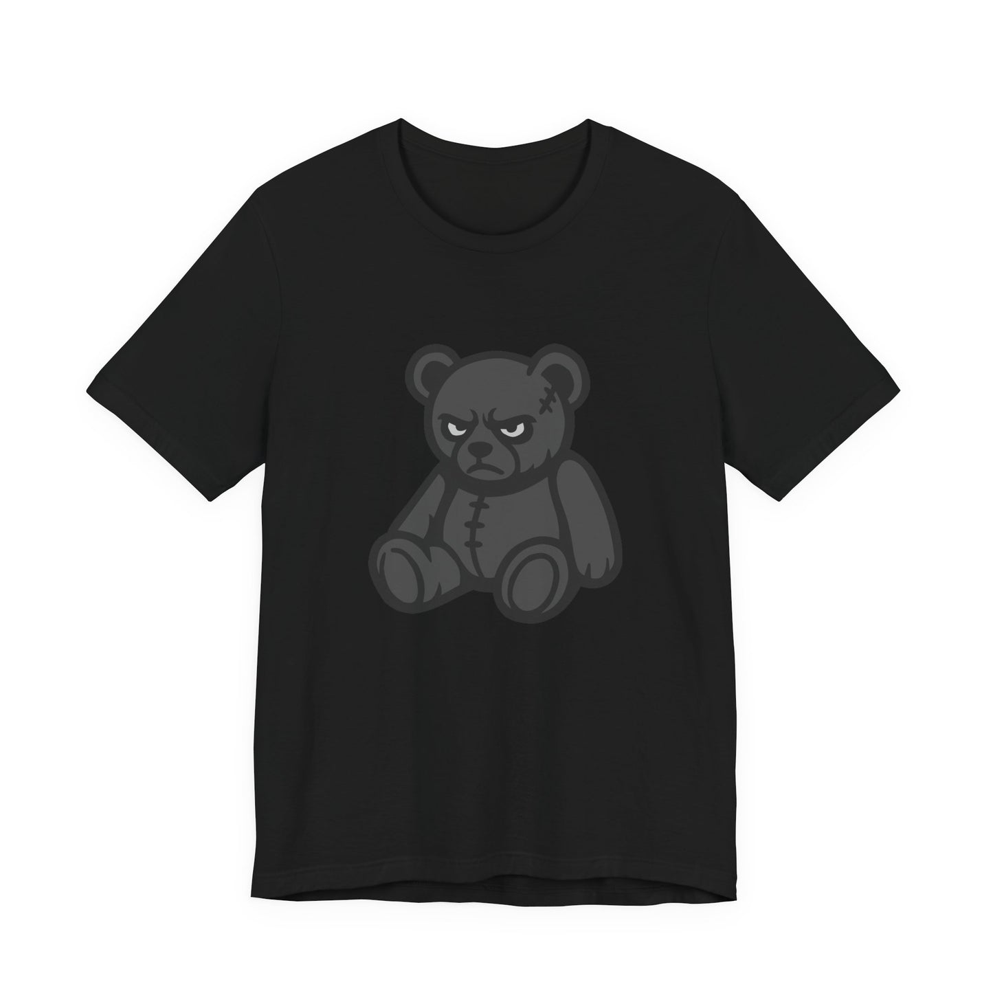 Angry Teddy Bear Graphic T-Shirt – Dark Theme Grayscale Plush with Attitude on Black Tee for Edgy or Ironic Style. Unisex Jersey Short Sleeve Tee