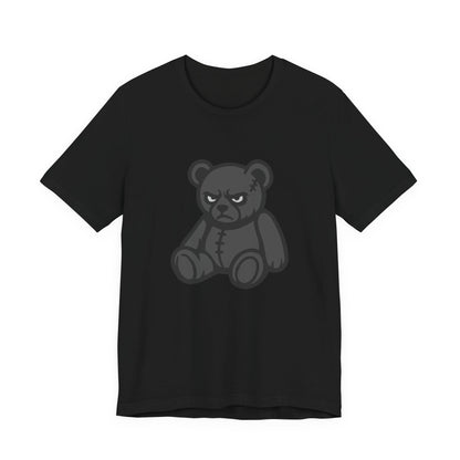 Angry Teddy Bear Graphic T-Shirt – Dark Theme Grayscale Plush with Attitude on Black Tee for Edgy or Ironic Style. Unisex Jersey Short Sleeve Tee