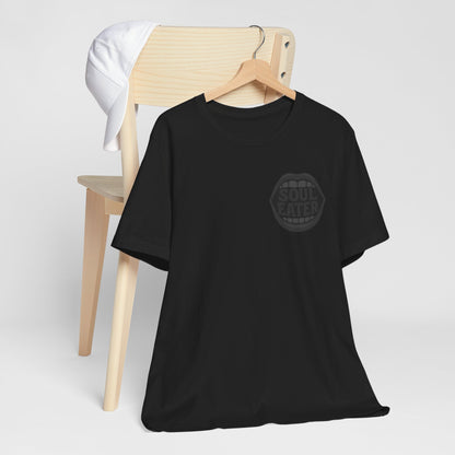 Soul Eater Mouth Graphic T-Shirt – Dark Theme Grayscale Teeth Typography on Black Tee with Horror Vibes and Modern Ghost Effect. Unisex Jersey Short Sleeve Tee