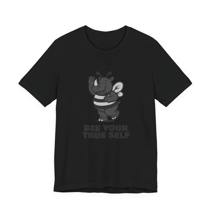 Bee Your True Self T-Shirt – Dark Theme Grayscale Rhino in Bee Costume on Black Tee with Wholesome Humor and Self-Expression Message. Unisex Jersey Short Sleeve Tee
