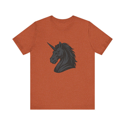 Dark Unicorn Profile T-Shirt – Dark Theme Grayscale Fierce Mythical Horse Design on Black Tee with Gothic Magic and Modern Ghost Effect. Unisex Jersey Short Sleeve Tee