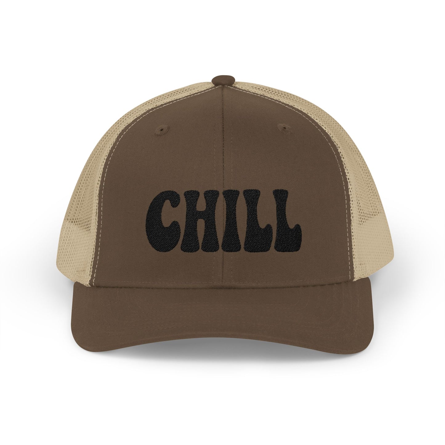 Chill Trucker Hat – Embroidered Relaxed Script Hat for Easygoing Vibes and Everyday Cool. Black Letters
